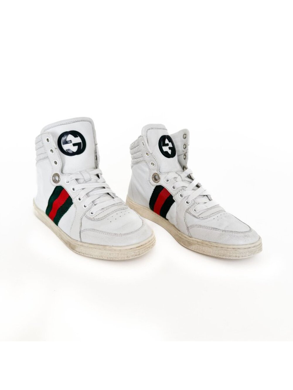 Gucci Coda High Top Web Stripe Sneakers EU 37 US 7 White Leather GG Mid Lace Up